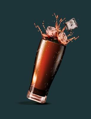 Splashing cola with ice cubes in 3d illustration
