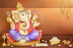 Happy Ganesh Chaturthi design with god Ganesha holding ritual implement on brown background