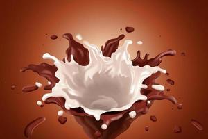 Salsa de salpicaduras de chocolate con leche en ilustración 3d sobre fondo marrón vector