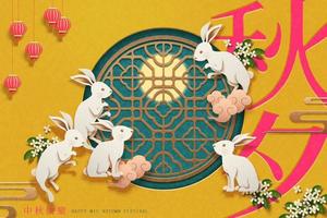 Paper art rabbits around the chinese window frame on yellow background, Moon festival and an autumn night words written in Chinese characters vector