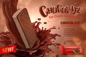 Chocolate ice cream ads with pouring sauce on bokeh glittering background in 3d illustration vector