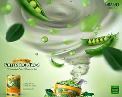 Canned young pea ads poster with tornado effect in 3d illustration vector