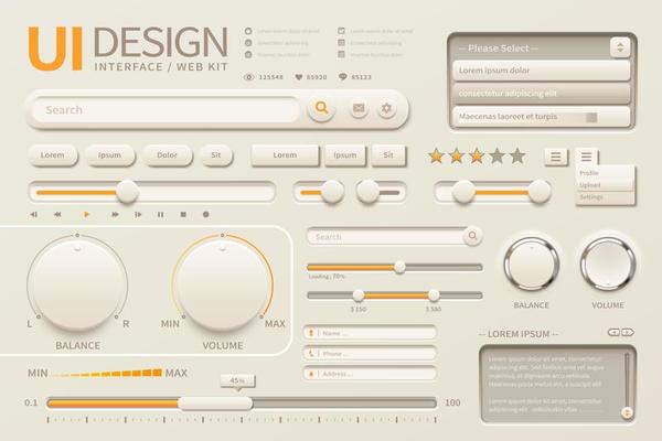 Elegant UI design with different buttons in beige and chrome yellow tone, 3d illustration