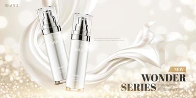 Skincare spray bottle ads with glitter bokeh effect and chiffon texture in 3d illustration vector