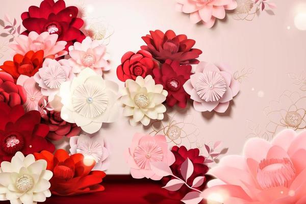 Pink and red paper flowers background in 3d illustration