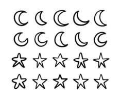 Moon and stars collection bundle elements. Hand drawn lines vector illustration.