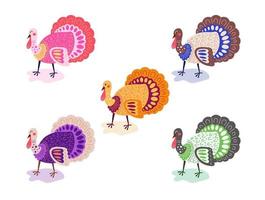 colección de ilustración de vector de diseño plano de pájaro pavo. tema del día de acción de gracias. cinco colores diferentes.