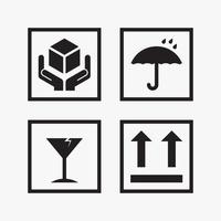 Set of packaging icons design vector graphic. This side up, keep dry, fragile, handle with care meaning symbol..