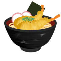 ramen tempura con kamaboko y sésamo blanco y sésamo negro y cebolla tierna en rodajas, comida japonesa