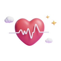 Coeur rouge humain 3d avec ligne d'impulsion avec barre de recherche et piles médicales ou icône d'équipement médical 3d png