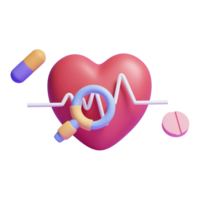 Corazón rojo humano 3d con línea de pulso con barra de búsqueda y pilas médicas o icono de equipo médico 3d png