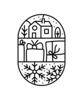 logotipo de navidad composición de adviento copo de nieve, cajas de regalo, casa y árboles. constructor de vector de invierno monoline dibujado a mano en marco medio redondo y rectángulo para tarjeta de felicitación