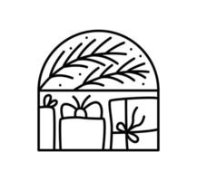 ramas y cajas de regalo de composición de adviento de navidad. logotipo de constructor de vector de invierno dibujado a mano en marco medio redondo y rectángulos para tarjeta de felicitación