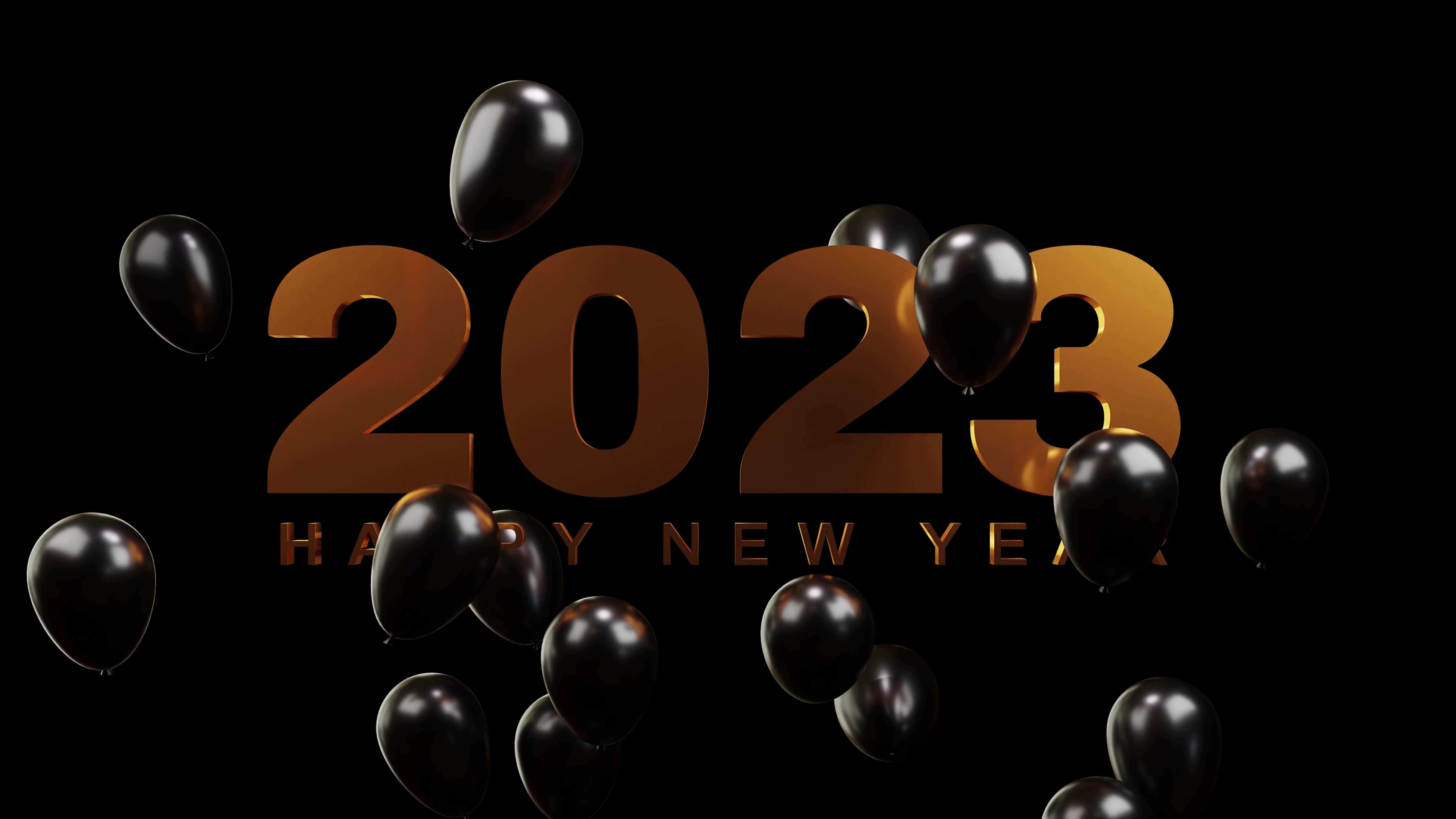Gold Text Happy New Year 2023 With Black Balloons on Black Background. 8K 3D  Animation 15287844 Stock Video at Vecteezy