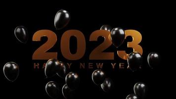 Goldtext frohes neues Jahr 2023 mit schwarzen Luftballons auf schwarzem Hintergrund. 8k 3D-Animation video