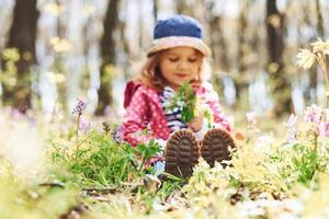 Happy little girl in blue hat have walk in spring forest at daytime photo