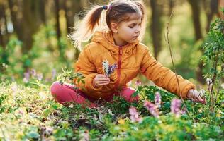 Happy little girl in casual clothes sitting in spring forest at daytime photo