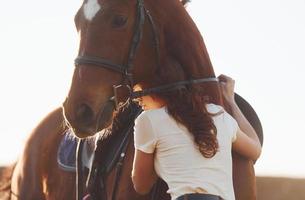 Beautiful sunshine. Young woman standing with her horse in agriculture field at daytime photo