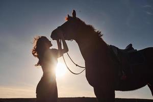 Beautiful sunshine. Young woman standing with her horse in agriculture field at daytime photo