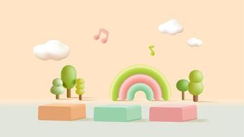 3d podium on colorful background abstract geometric shapes with cute rainbow, kids product display vector