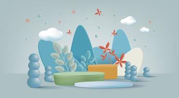 Season background product display scene with trees and clouds. Shining lights and podium. Vector illustration