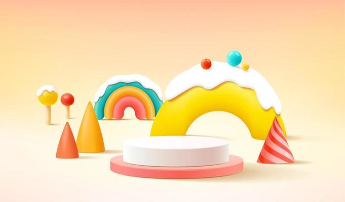 3d podium on colorful background abstract geometric shapes with cute rainbow, kids product display