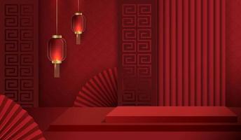 Podium stage chinese style for chinese new year and festivals or mid autumn festival with red background. mock up stage with festive lanterns and clouds. vector design.