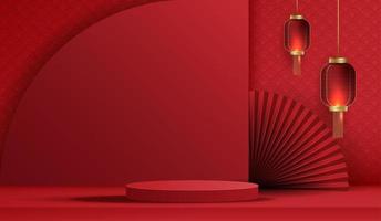 escenario de podio estilo chino para el año nuevo chino y festivales o festival de mediados de otoño con fondo rojo. escenario simulado con linternas festivas y nubes. diseño vectorial