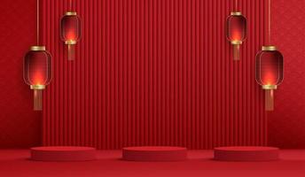 escenario de podio estilo chino para el año nuevo chino y festivales o festival de mediados de otoño con fondo rojo. escenario simulado con linternas festivas y nubes. diseño vectorial