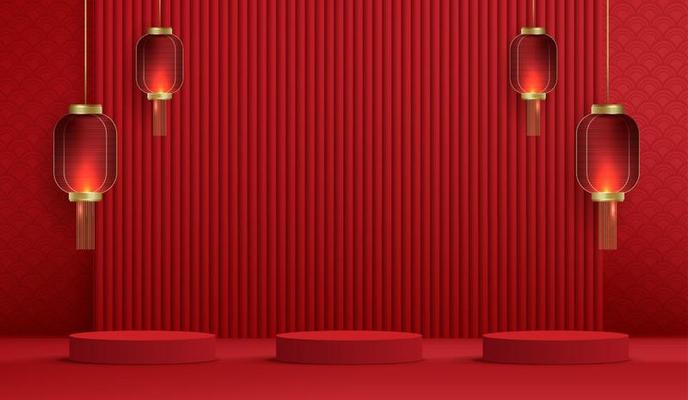 Podium stage chinese style for chinese new year and festivals or mid autumn festival with red background. mock up stage with festive lanterns and clouds. vector design.