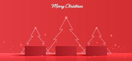 Podium shape for show cosmetic product display for Christmas day or New Years. Stand product showcase on red background with tree christmas. vector design.