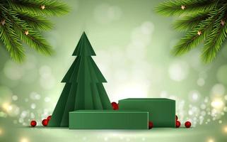 forma de podio para mostrar la exhibición de productos cosméticos para el día de navidad o año nuevo. escaparate de productos de pie sobre fondo rojo con árbol de navidad. diseño vectorial
