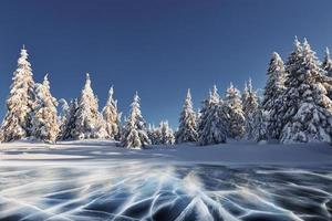 Cracks on the surface of the blue ice. Beautiful winter majestic landscape with snow on trees. Wild nature photo