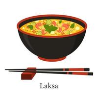 Laksha noodle soup - a dish of rice noodles with shrimp in fish broth. Vector illustration.