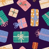 cajas de regalo con cinta y lazos de patrones sin fisuras de diferentes formas y tamaños. regalos en papel de regalo festivo para vacaciones de navidad o cumpleaños. venta, concepto de compras. textura vectorial vector