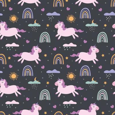 Unicorn on a cloud, rainbow, stars. Seamless pattern. Vector illustration