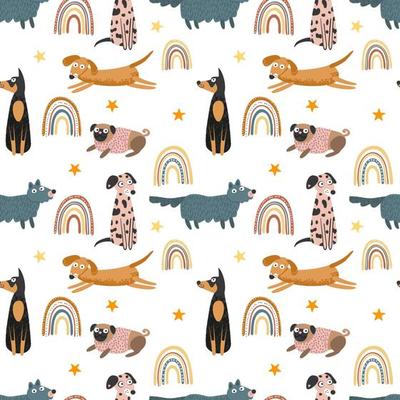 Dogs and rainbows. Seamless pattern, vector illustration