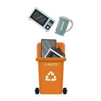 Trash can with e-wast. Sorting management, ecology concept. Container with monitor, microwave, slow cooker with arrows, symbol of recycling isolated vector