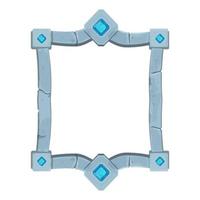 Set stone frame with border and gemstones, shield shape, empty medieval menu panel in cartoon style isolated on white background. Vector illustration