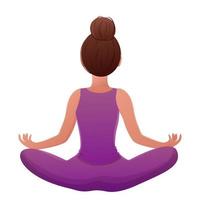 Meditation female character sitting in lotus pose, back view in cartoon style isolated on white background. Vector illustration