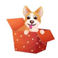 Cute corgi dog sitting in the box, adorable pet in cartoon style isolated on white background. Comic emotional character, funny pose. Vector illustration