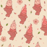 Spring seamless pattern with taiyaki fish ice cream and sakura flowers. Vector graphics