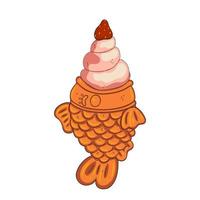 Ice cream with strawberries in the form of Taiyaki fish isolate on a white background. Vector graphics.