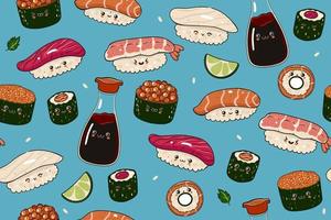 Seamless pattern with kawaii sushi, gunkans, maki and soy sauce. Vector graphics.