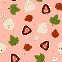 Seamless pattern with kawaii strawberry daifuku. Vector graphics.