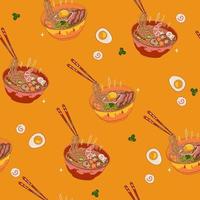 Seamless pattern with kawaii ramen noodles. Vector graphics.