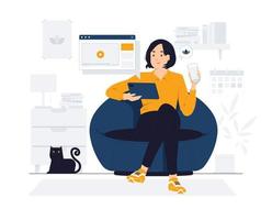 Mujer relajándose en casa y tomando café ilustración del concepto vector