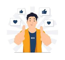 Man with Like hand sign, feedback, public approval, joy, success, happiness, and thumbs up concept illustration vector