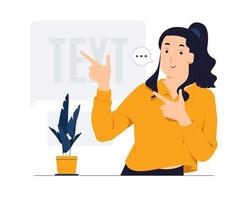 Woman showing and pointing fingers upper left and right corner with happy expression advices use this copy space wisely concept illustration vector