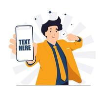 Excited Smiling businessman holding mobile smart phone standing while pointing and showing thumbs up positive gesture, Ok sign concept illustration vector